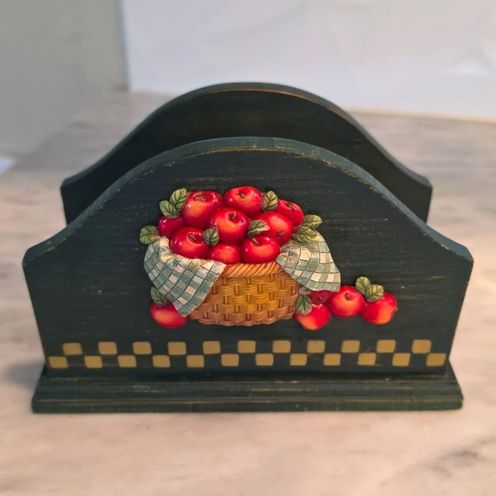 1990's Country Style Apple Wood Napkin Holder